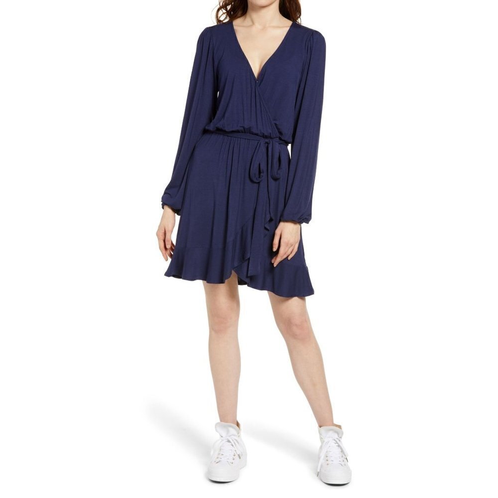 New Bp.  Large Long Sleeve Wrap Minidress Dress Womens Navy Blue NWT